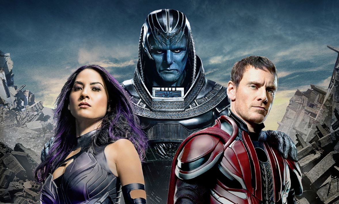 Olivia Munn, Oscar Isaac oraz Michael Fassbender na plakacie filmu X-Men: Apocalypse